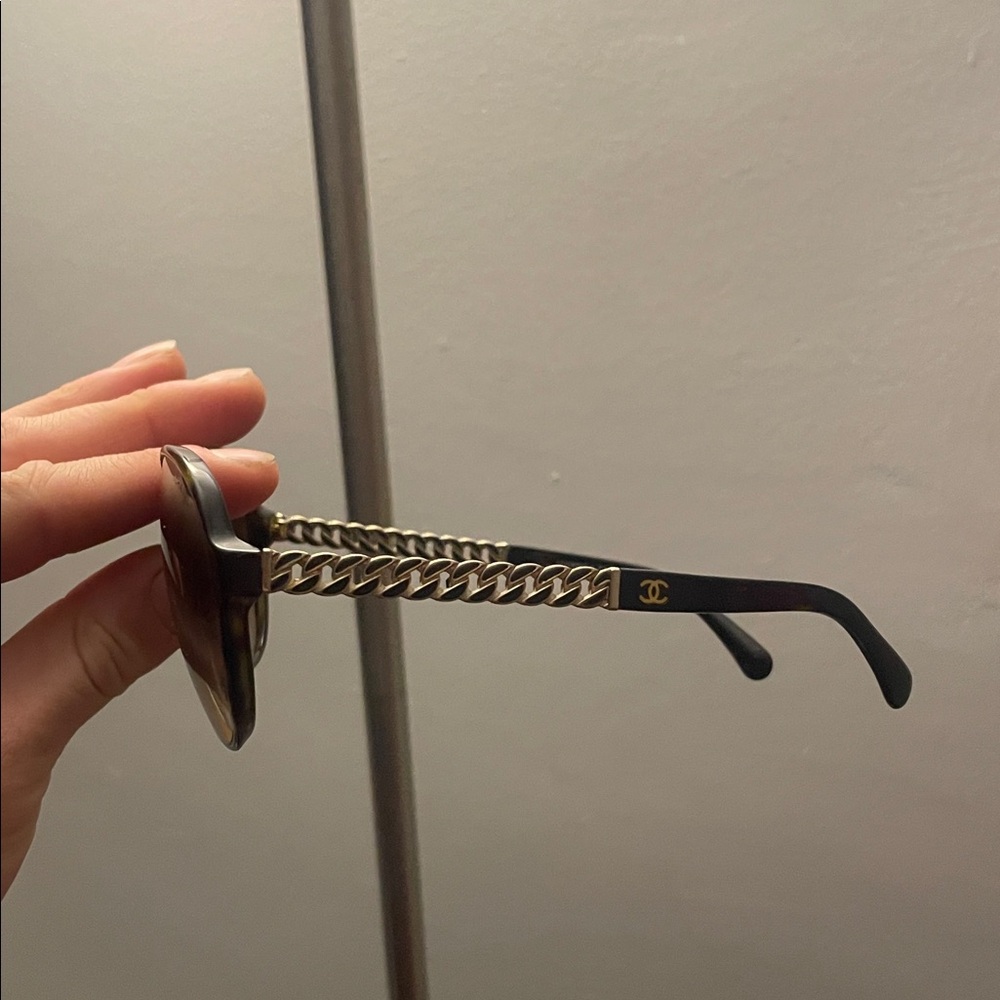 Chanel Black Sunglasses with Gold Chain Accent